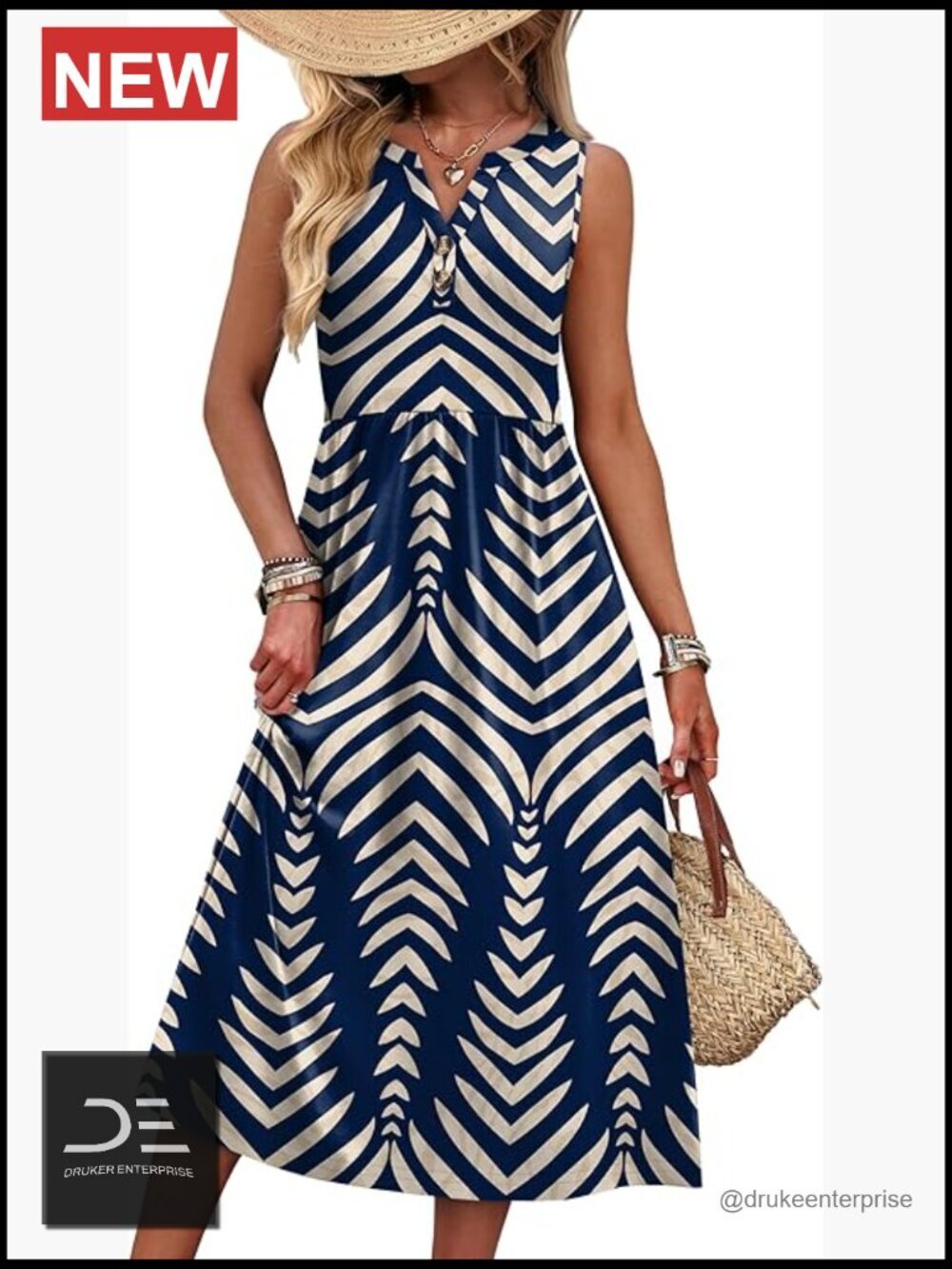 Women's Casual Dress with Pockets Sleeveless V-Neck Midi Dress